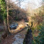 un canal d'irrigation en Cévennes longe une riviere en hiver